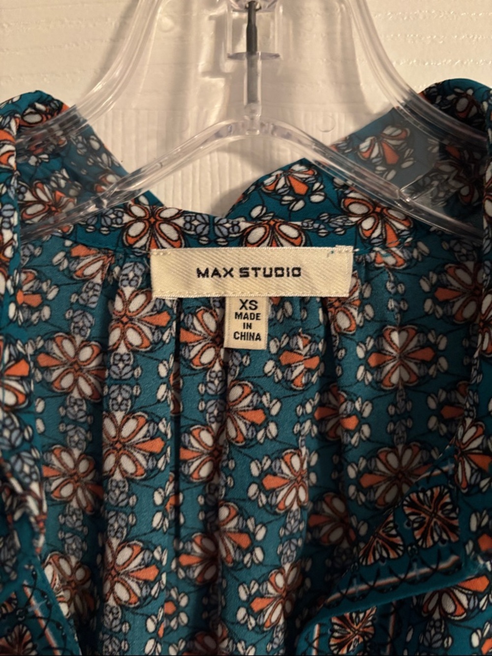 Max Studio Teal Floral Split-Neck Cap-Sleeve Blouse - Picture 2 of 3